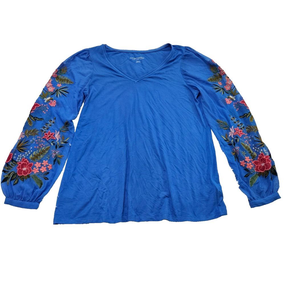 Soft Surroundings Sz M Arboreal Boho Blue Sheer Mesh Floral Embroidered Top